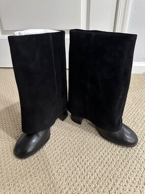 Black Suede Mid-Calf Heeled Boots